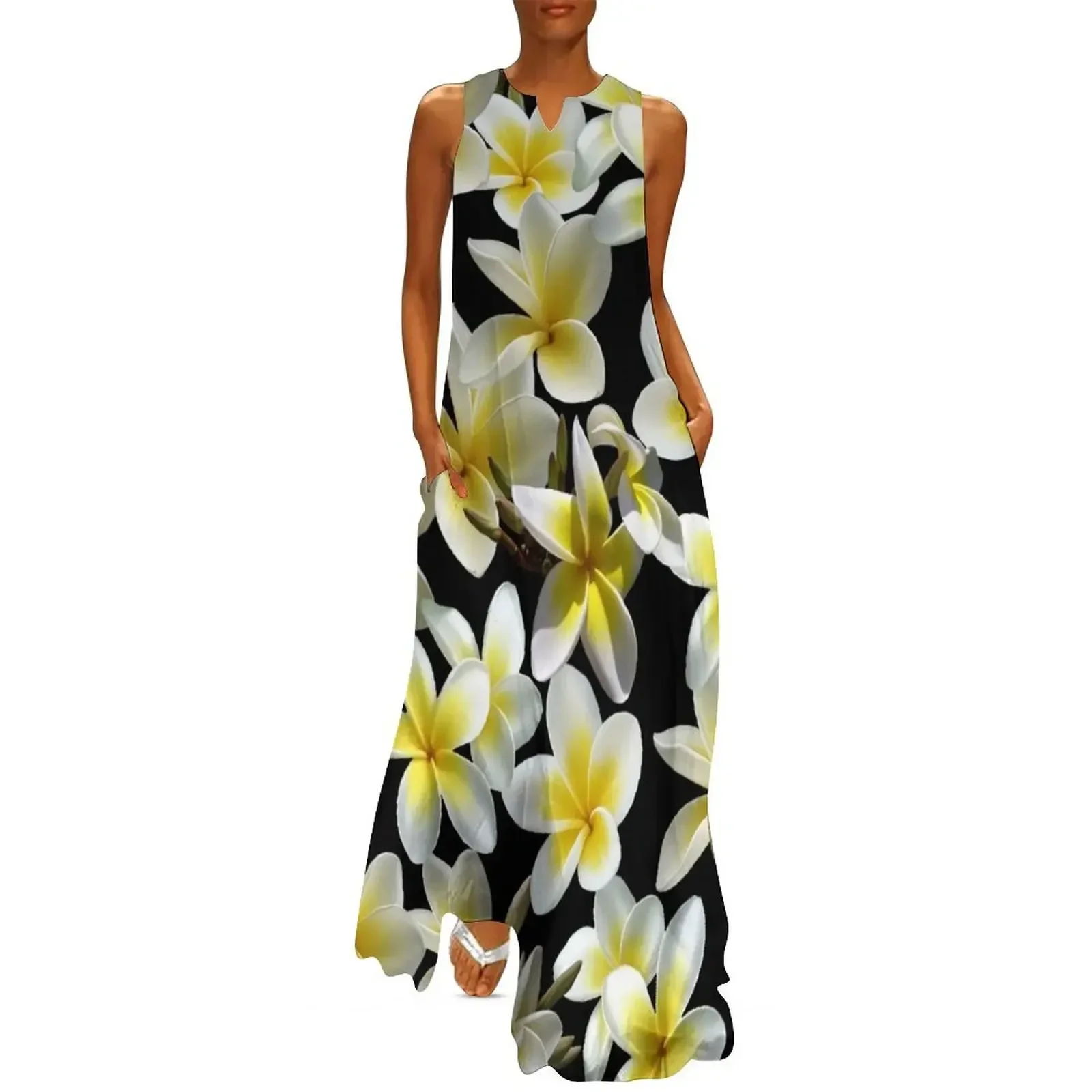 

Plumeria Pattern Yellow on Black Long Dress dresses for woman Dress for pregnant women evening dress ladies