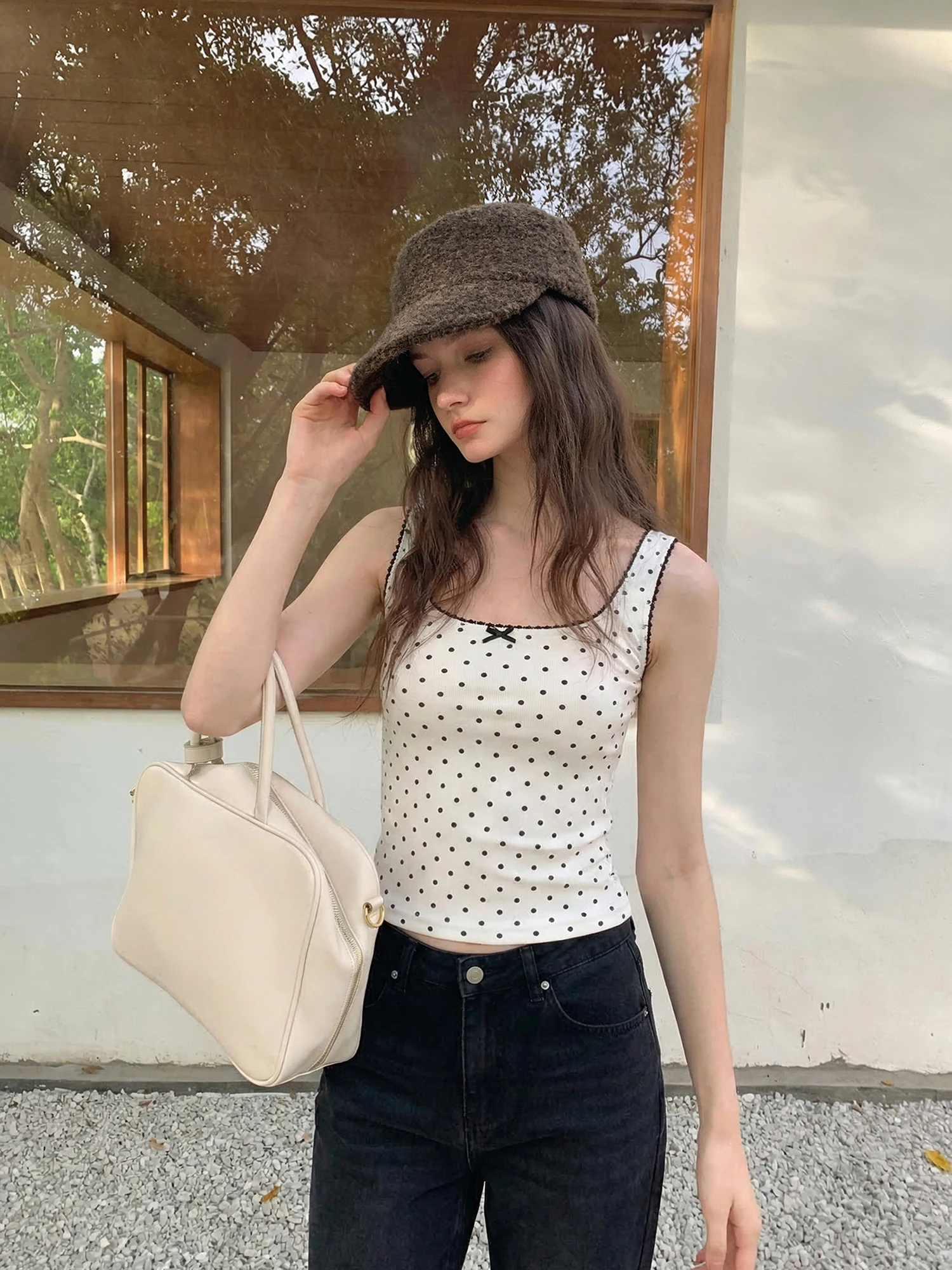 

Белый топ-халтер в горошек для женщин, летняя модель для ношения как под одеждой, так и поверх, с эффектом похудения, с завязками, дышащий, H-образный крой