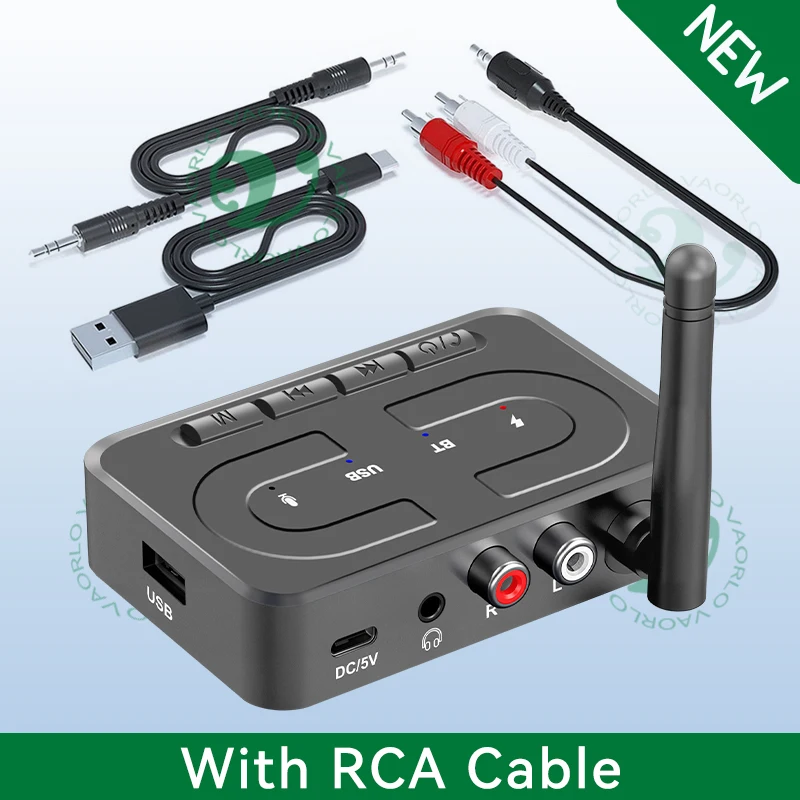 VAORLO Bluetooth 6.0 audio-ontvanger 3,5 mm AUX R/L RCA HD microfoon HIFI stereo draadloze adapter met antenne ondersteunt USB U-disk-weergave voor autoluidsprekerversterker desktop