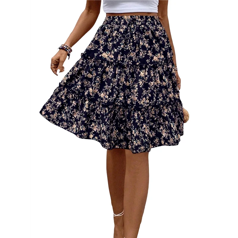 

CYL-Women's Floral Print Ruffle Hem Elastic High Waist Tie Front Skirt