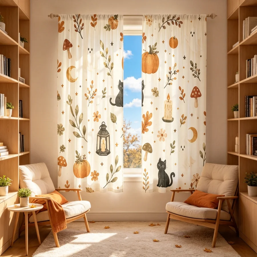 2PCS Digital Print Curtain, Forest Black Cat Pattern, Woodland Mysterious Halloween Gothic Style for Living Room Bedroom Decor