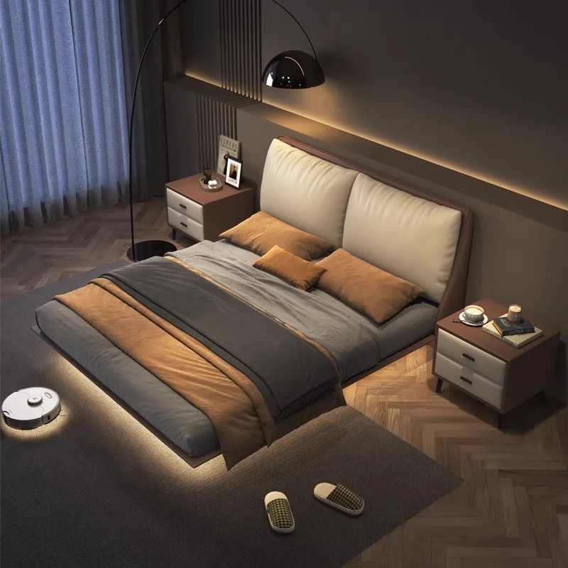 

Italian minimalist suspension bed, 1.8m master bedroom, upholstered bed, high-end atmospheric double wedding bed, solid wood