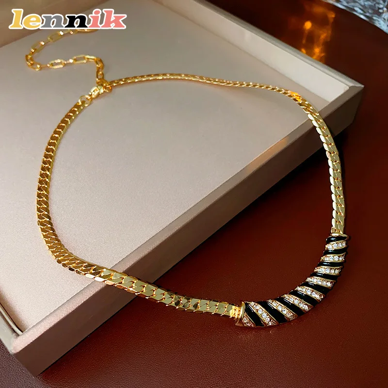 LENNIK سلسلة الترقوة المطلية بالذهب الحقيقي الماس، قلادة عتيقة على شكل قوس يقطر الزيت، مجوهرات نسائية فاخرة خفيفة #1