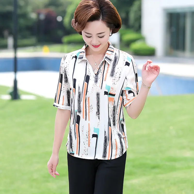 Women Summer Fashion Loose Fashionable Printing Polo-Neck Short Sleeve Chiffon Shirts Women Clothes Casual Appear Thin Thin Tops