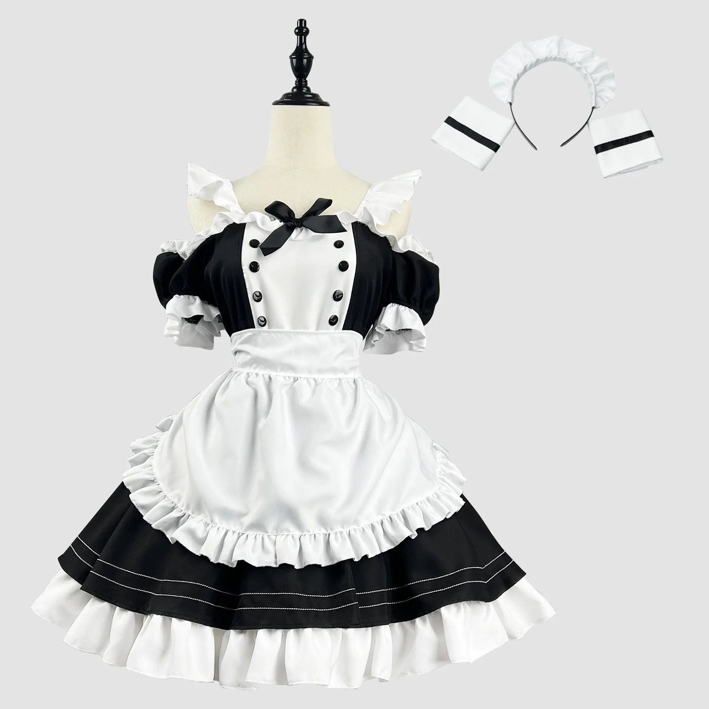 Vestido de sirvienta de Lolita para niñas, traje de Cosplay de gato sin hombros, color negro, tallas S a 5XL