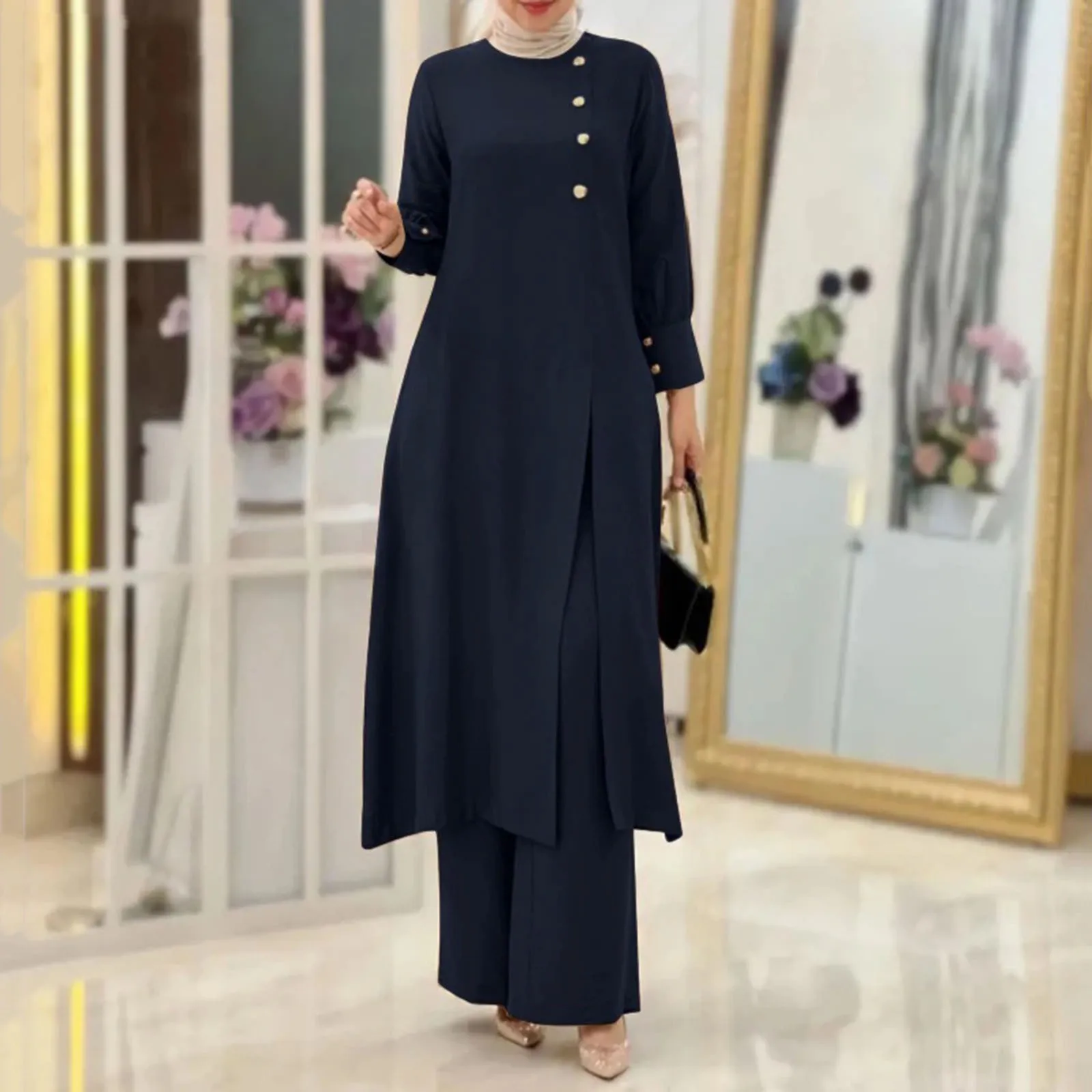 Women\'s Muslim Two Piece Set Fashion Elegant Solid Colour Irregular Long Shirt Top Wide Leg Pants Robe Abaya Muslim Woman Dubai