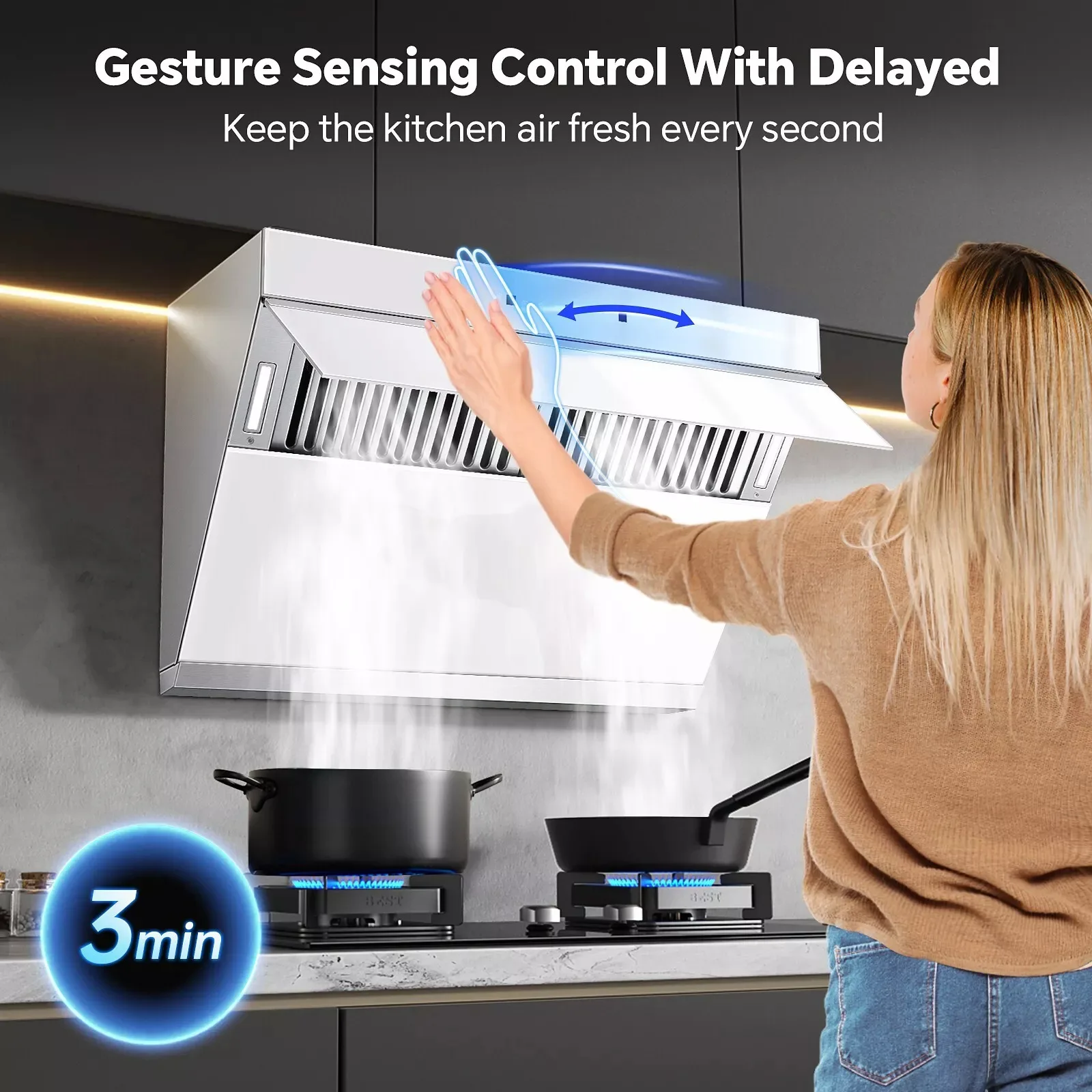 Tieasy 30 inch Electric Clean 900CFM Stainless 3-Speed Exhaust with Filter Silver Wall Mount Range Hood