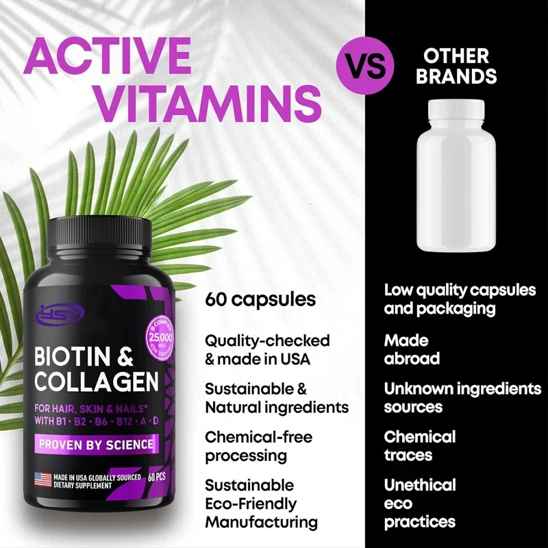 Biotin vitamins keratin and collagen containing marine collagen peptides and B complexes in hair, skin, and nails