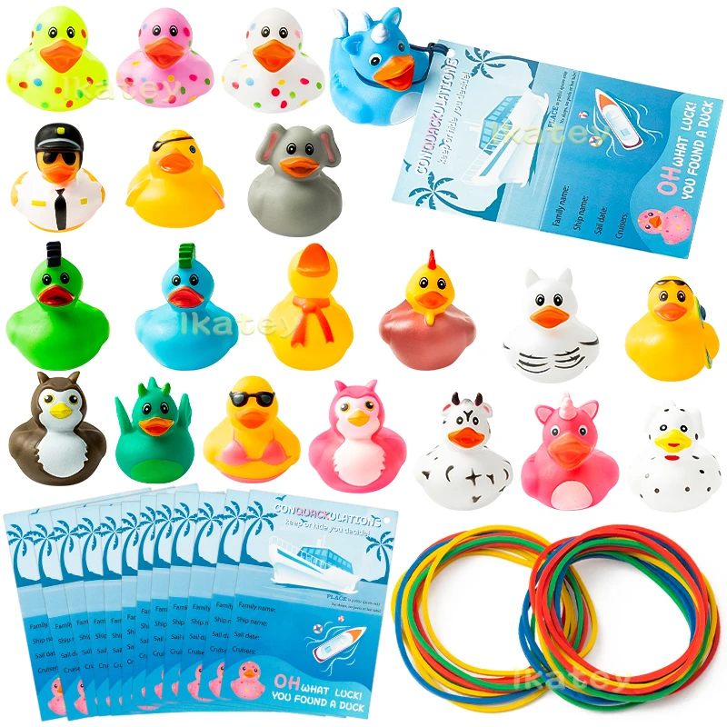 60PCS Cruise Duck Tags Kits Multi-Colored Rubber Ducks for Cruise Ships Cruise Ducks Hiding with Tags Passport Card Rubber Bands