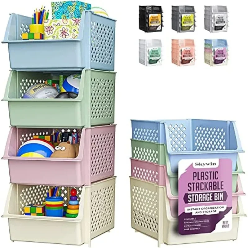 

Plastic Stackable Storage Bins for Pantry - 4-Pack Multi-Colored Stackable Bins For Organizing Food, Kitchen