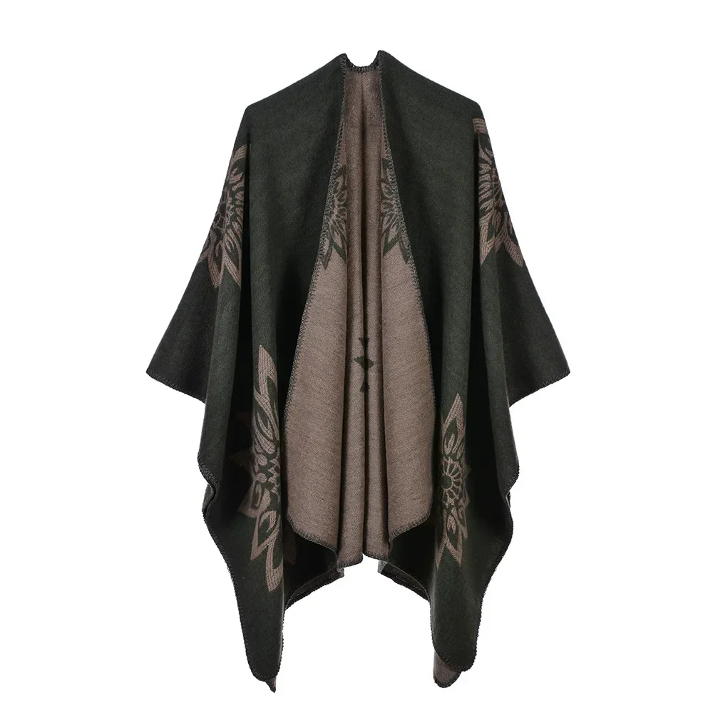Sciarpa da donna autunno inverno scialle doppio scopo da viaggio caldo fronte-retro imitazione fiore mantello poncho mantelle 1