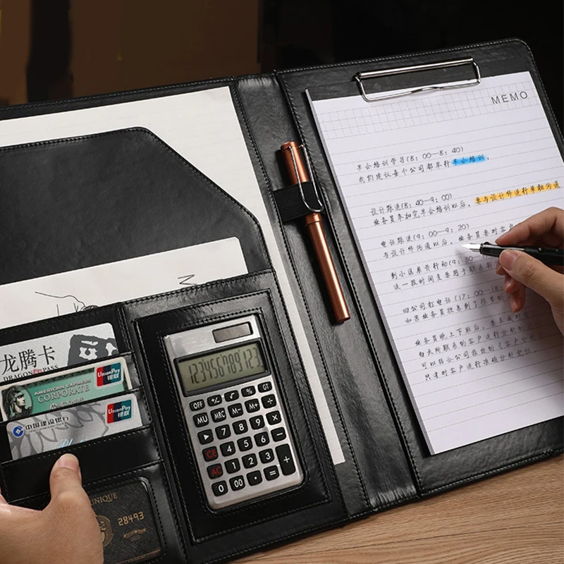 (Logo can engrave) Multifunctional A4 file clipboard  with calculator, business leather folder,  , sales  contract book