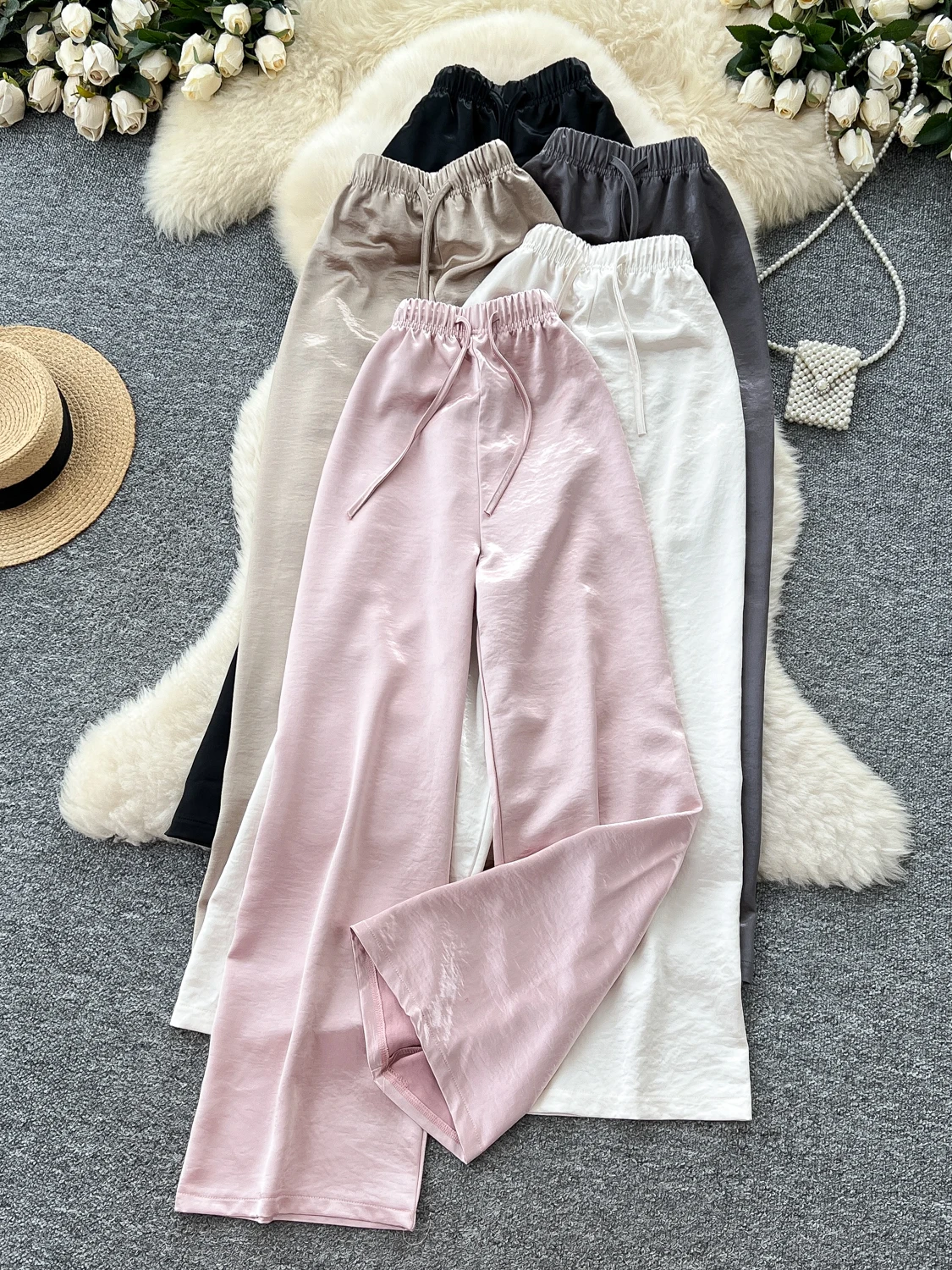 Pantaloni a gamba larga a vita alta da donna casual in raso dritto vestibilità ampia estate pigro Sle versatile dimagrante elastico in vita allentato St...