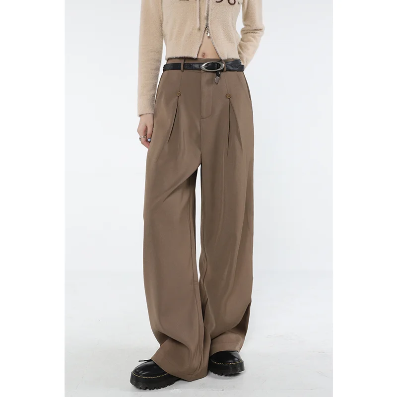 

Khaki Womans Pants High Waist Vintage Advanced Sense Straight Trouser 2023 American Style Chic Design Baggy Wide Leg Suit Pants