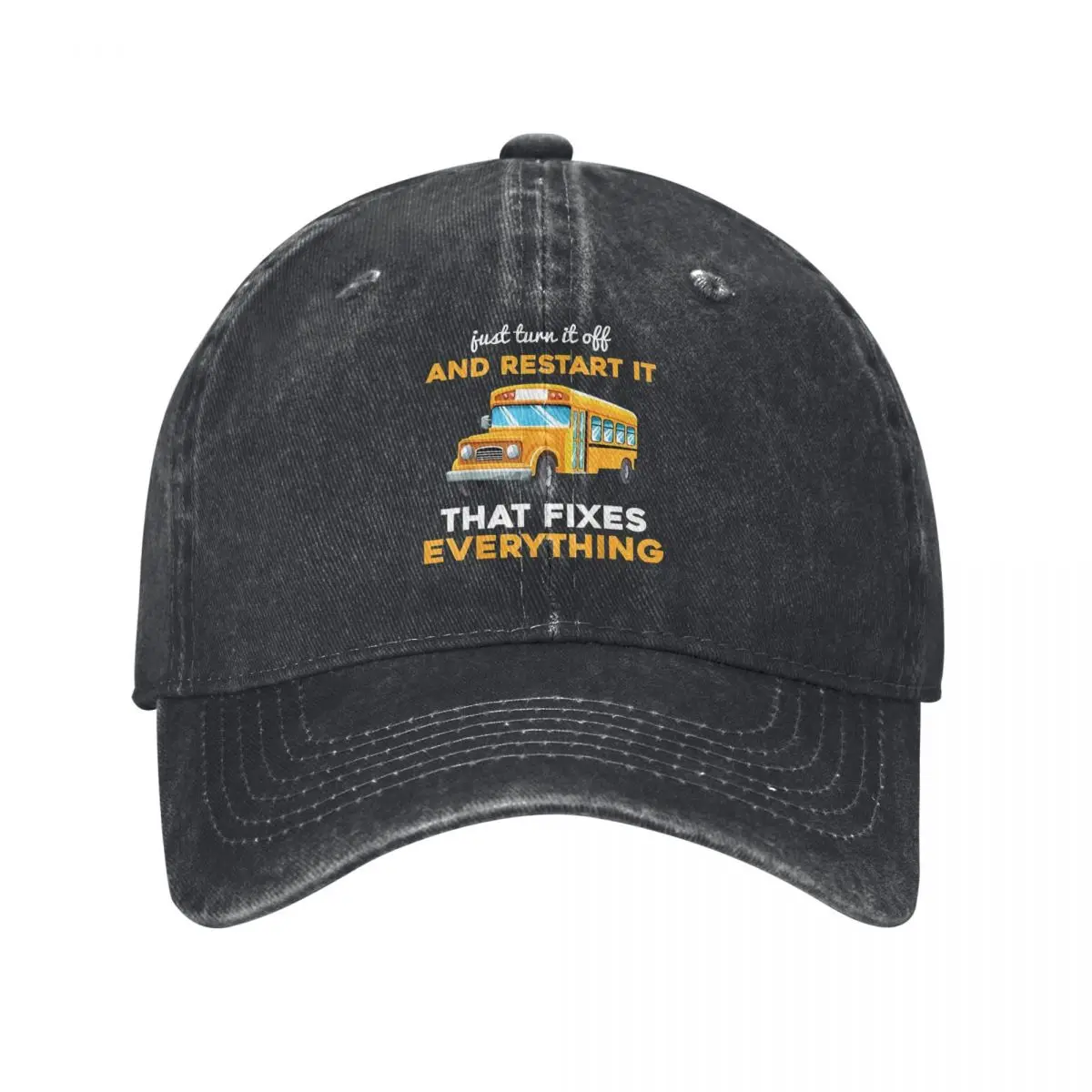 

School Bus Driver, Just Turn It Off & Restart It, Yellow Text & Red Bus Design, Appreciation Gifts demin Trucker Hat