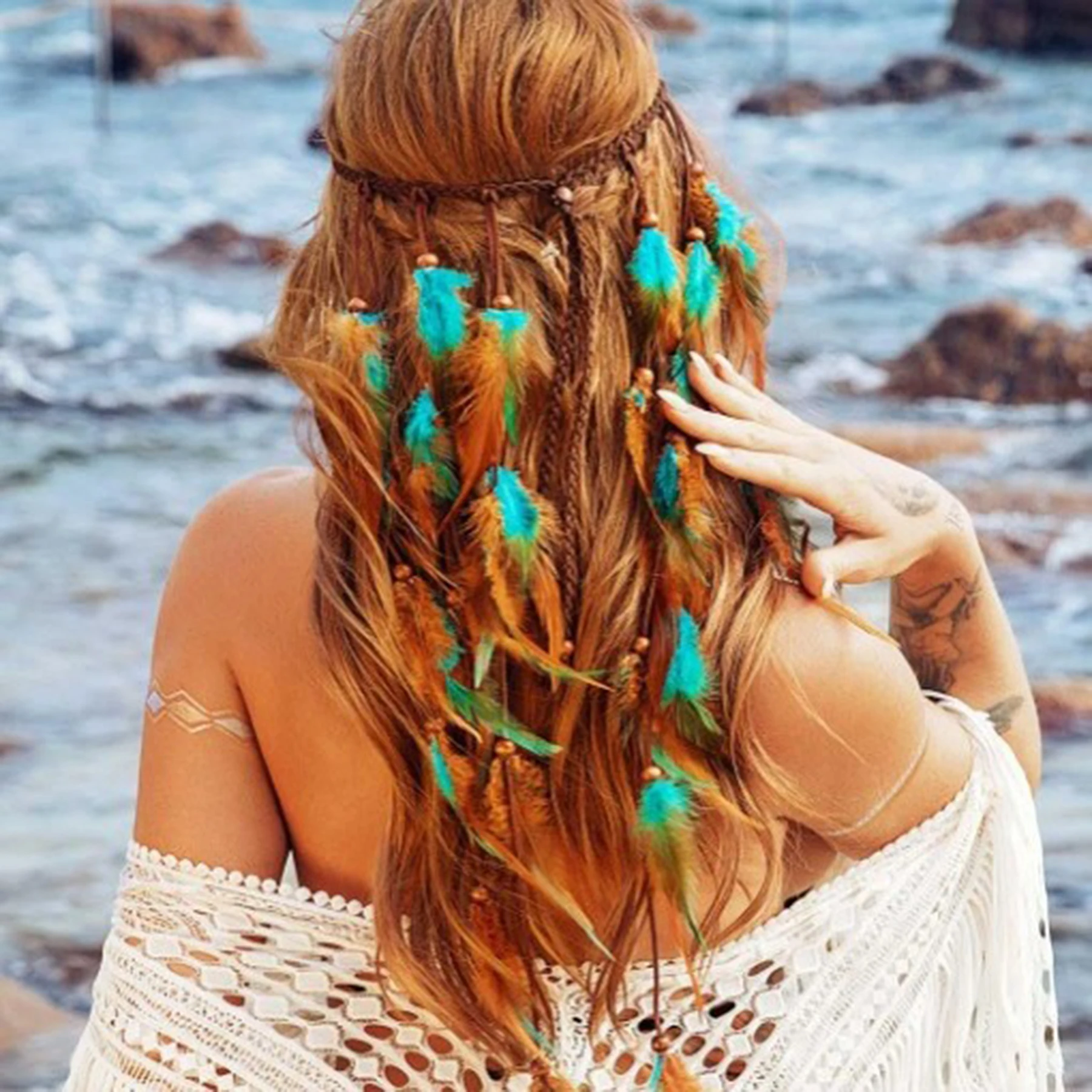 طويل الأزرق البني ريشة عقال للنساء البوهيمي العرقية مهرجان الهبي حفلة جلدية الخشب الخرز الشعر مجوهرات اكسسوارات #2