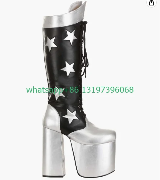 Lady silver star design platform knee boots chunky heel calf boots party dance dress high heels boots black sliver mix color 46