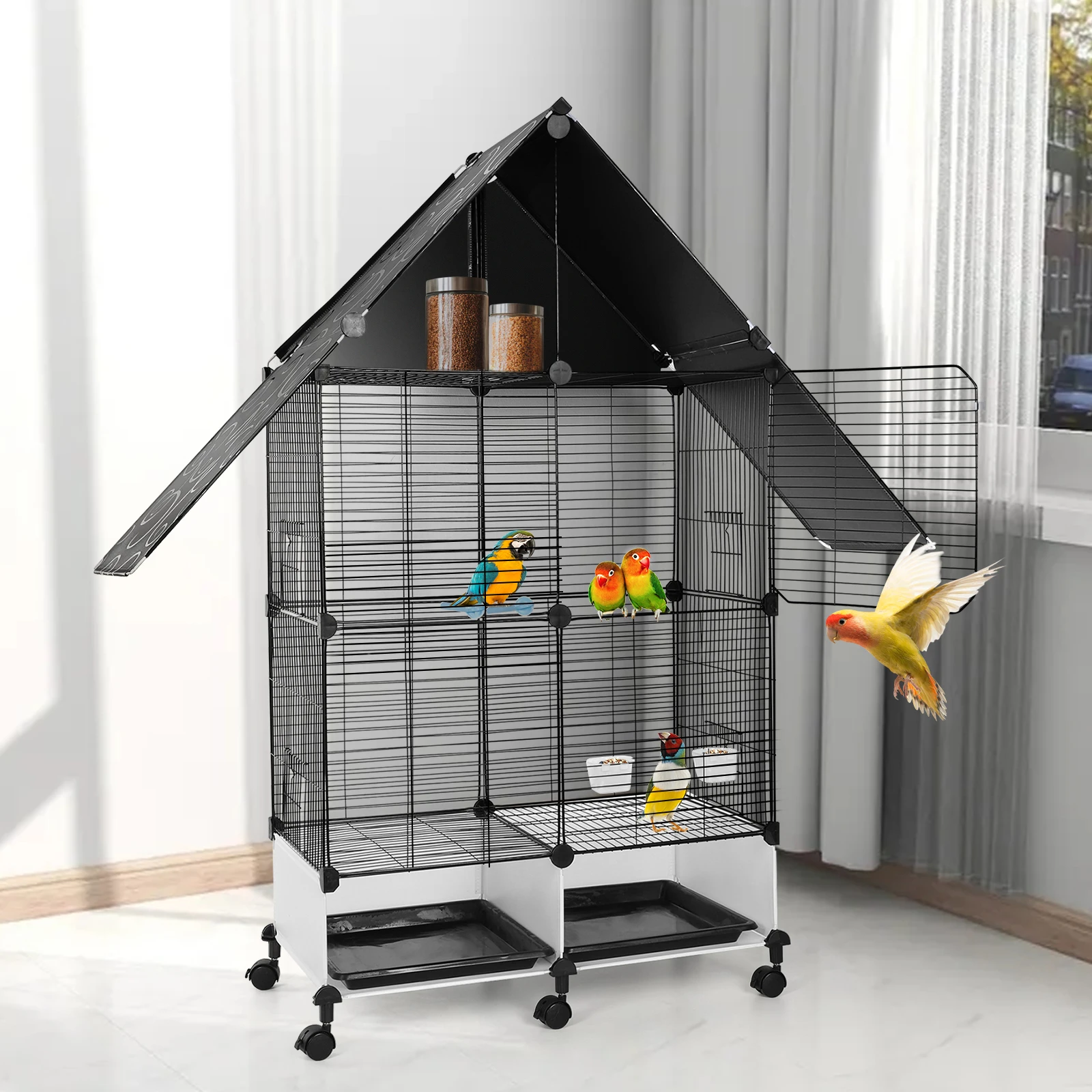 Bird Cage with Rolling Stand House Shape Bird Cage Large 2 Tier Bird Cage with Lock Bird Villa for Canary Finch Budgie Lovebirds