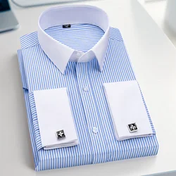 Men's French cufflinks shirt, men's long sleeves, blue stripes, slim fit, patchwork neck, business formal shirt