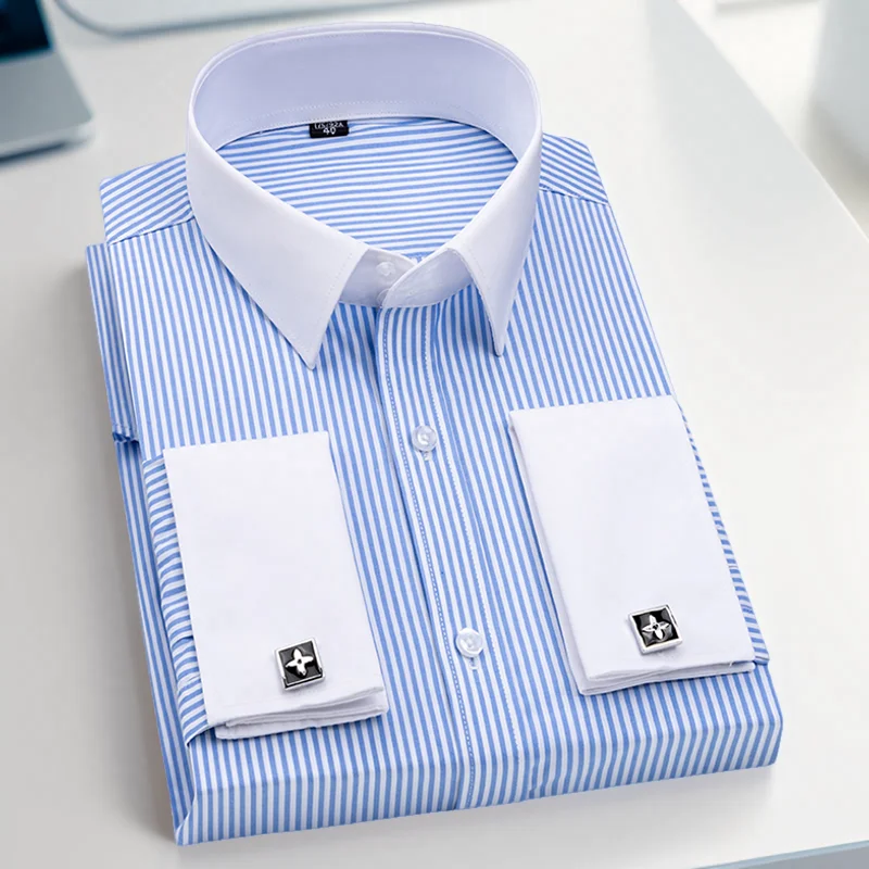 Men's French cufflinks shirt, men's long sleeves, blue stripes, slim fit, patchwork neck, business formal shirt
