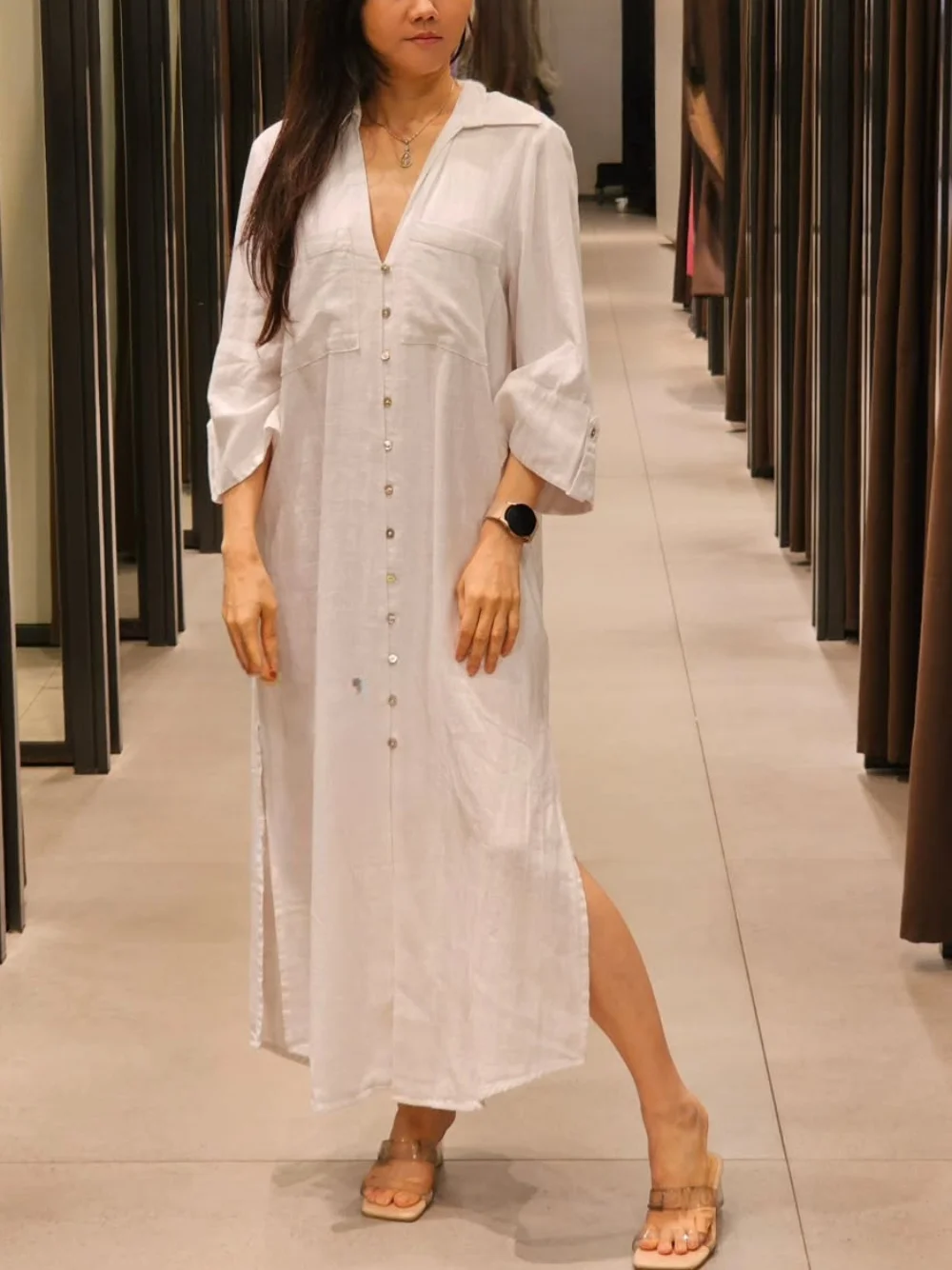 Vintage linho casual moda feminina vestido cor sólida botão meia manga fino ajuste longo vestido reto novo vestido de camisa de verão