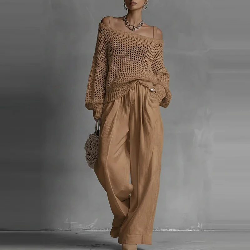 Ensemble 2 pièces chic et confortable pour la maison : haut tricoté à manches longues et épaule unique, pantalon en lin ajouré