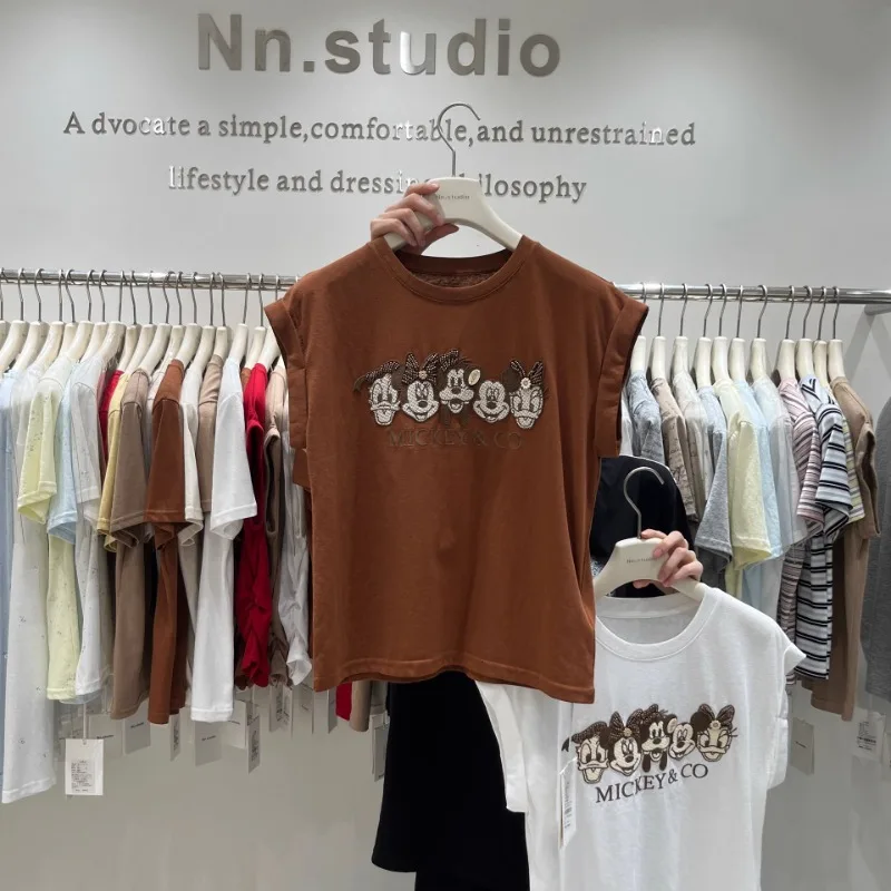 Cartoon Embroidered Flying Sleeves T-shirt Women's 2025 Summer New European Style T Shirts Heavy Industry Sleeveless Vest Top