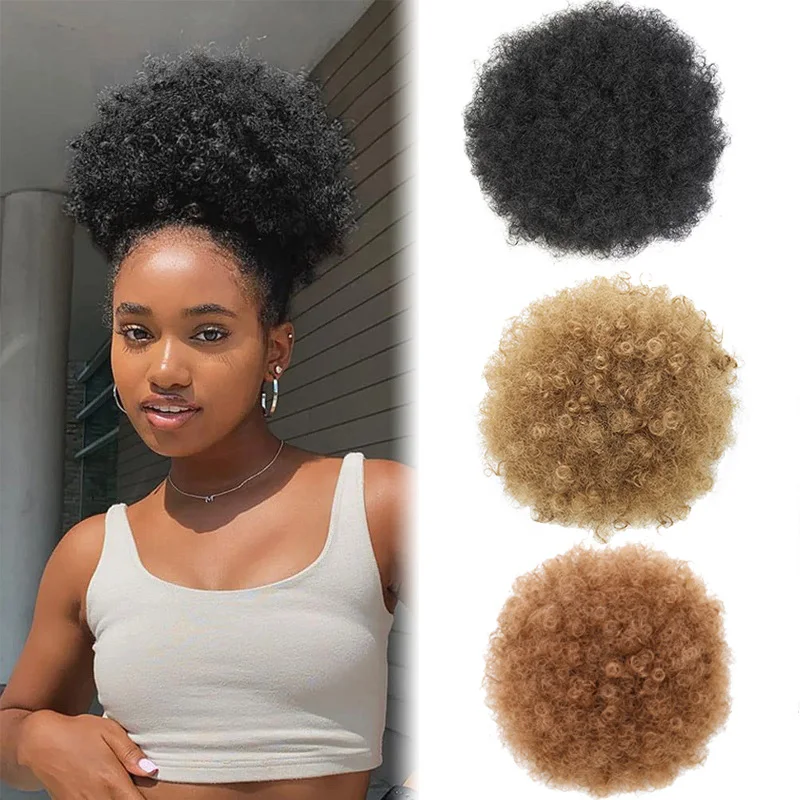 

Афро-синтетические короткие курчавые вьющиеся хвостики на шнурке, пышные волосы, булочка, зажим для хвоста, наращивание волос для женщин