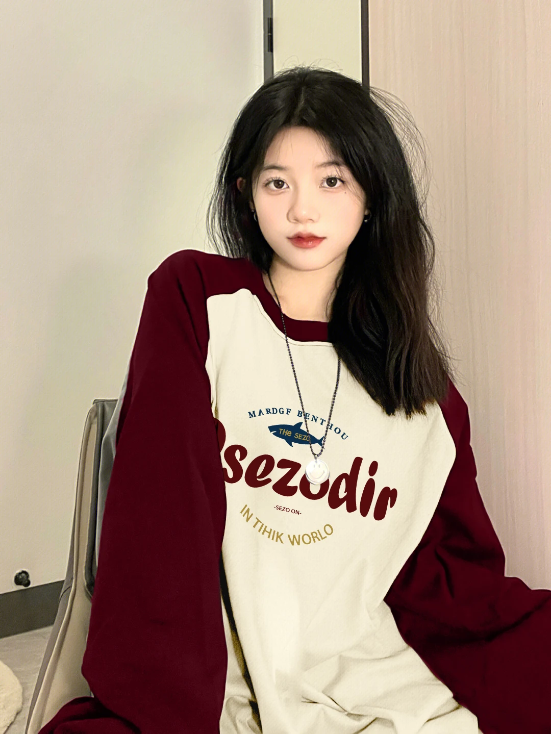 Wine Red T-shirt Women Autumn and Winter Raglan Loose Long sleeve Simple Bottoming Shirt  Top Dopamine Autumn Wear