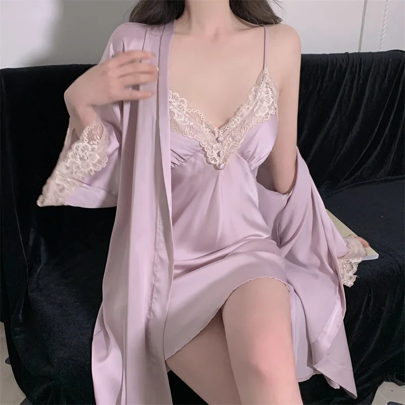 Female Sexy Black Twinset Robe Nightdress Set Lace Trim Sleepwear Kimono Bathrobe Nightgown Summer Rayon Home Dress Lounge Wear