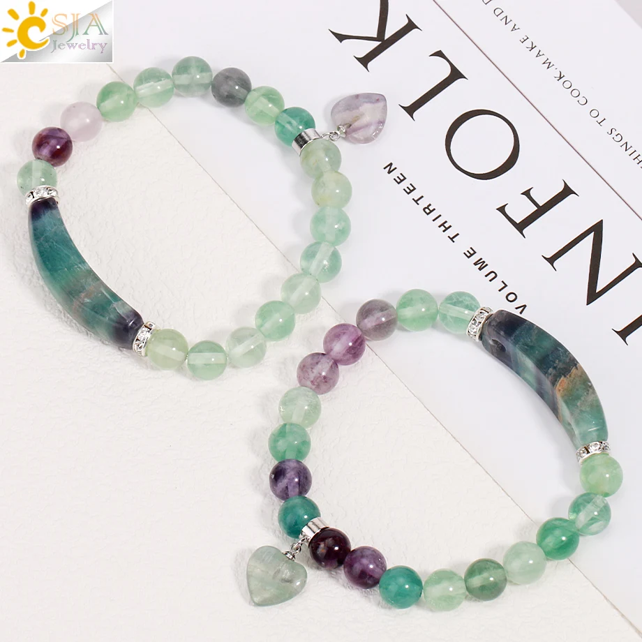 CSJA Reiki Fluorite Crystal Bracelet Natural Stone 8mm Beads Bangle Heart Charm Lucky Stretchy Mala Bangles Healing Jewelry H176