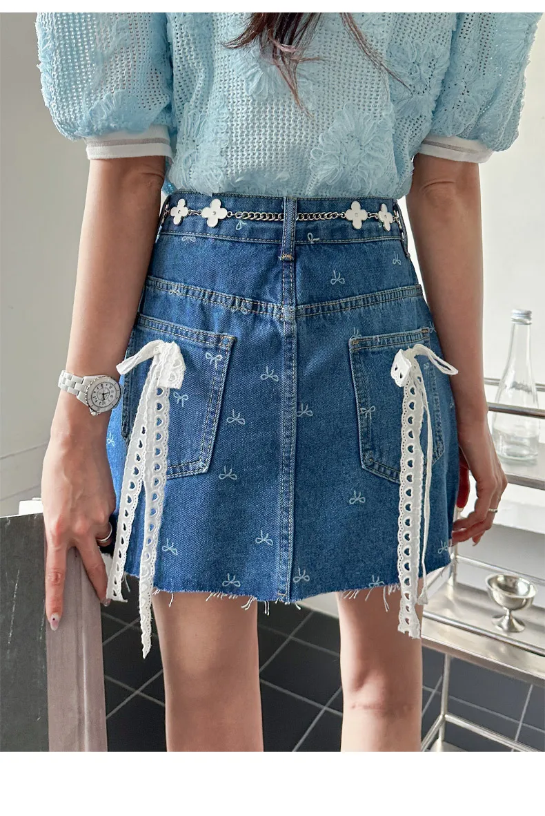 

Women's new fashionable high waisted lace bow frayed A-line denim skirt Y2K spicy girl design short skirt 2025