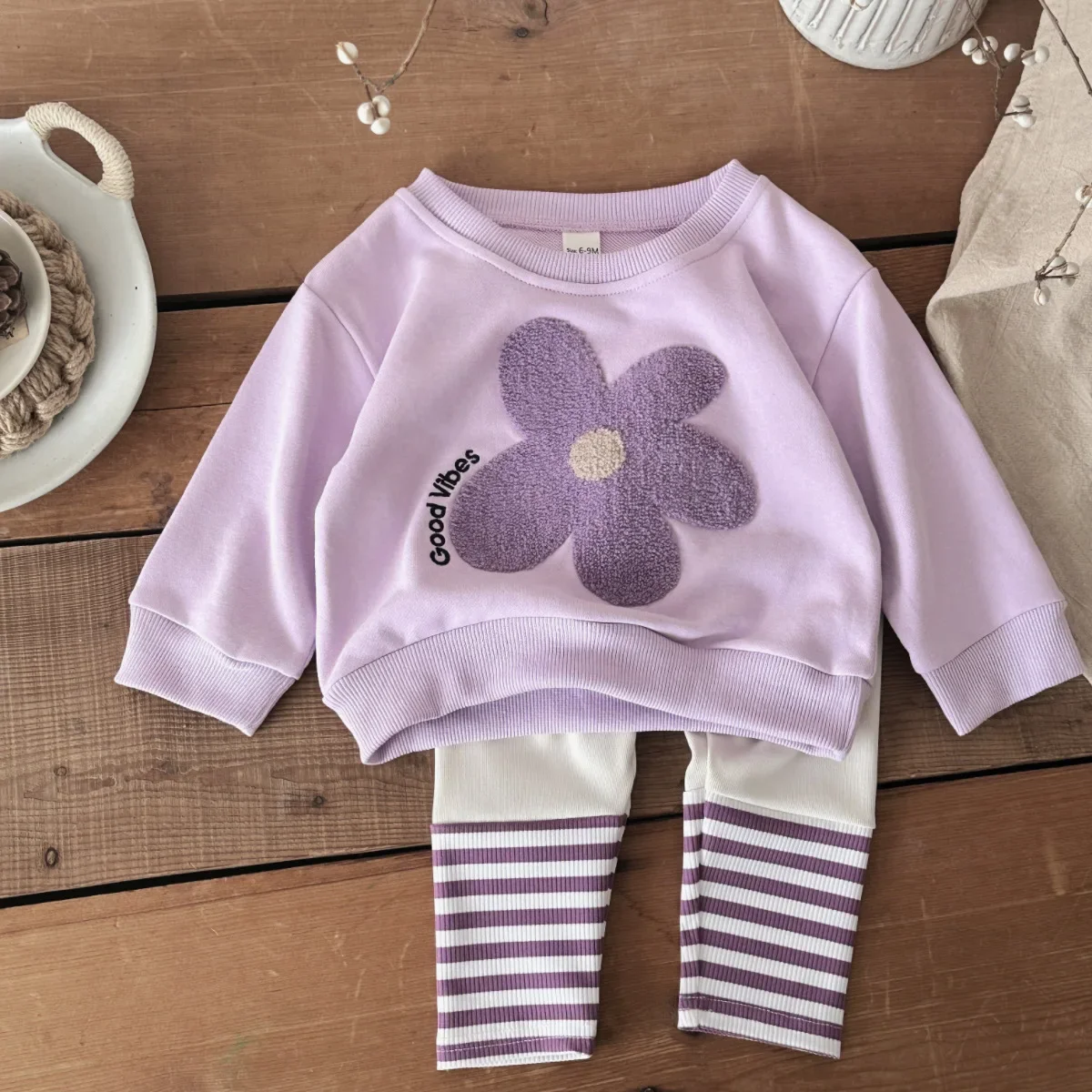 Baby Girl Spring Autumn Outfit Purple Flower Fleece Sweatshirt Striped Patchwork Pants Toddler 2Pcs Clothes Set
