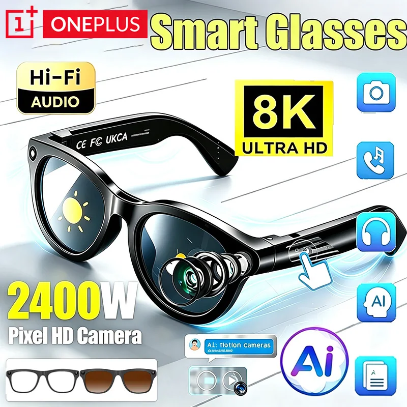 OnePlus AI Smart Glasses 24MP HD 8K Shooting Camera Photo Video Voice Call Translation Bluetooth AI Motorcycle Glasses Universal