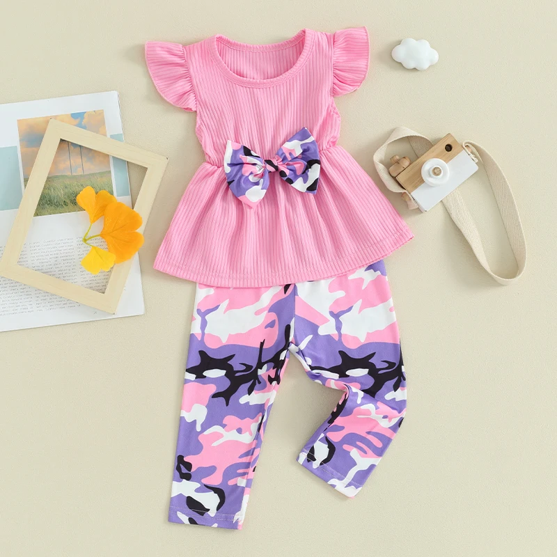 Baby Girl Summer Clothes Ruffle Sleeve Shirt Solid Ruffle Hem Top Long Pants Set Toddler Camouflage Outfits 0-3T