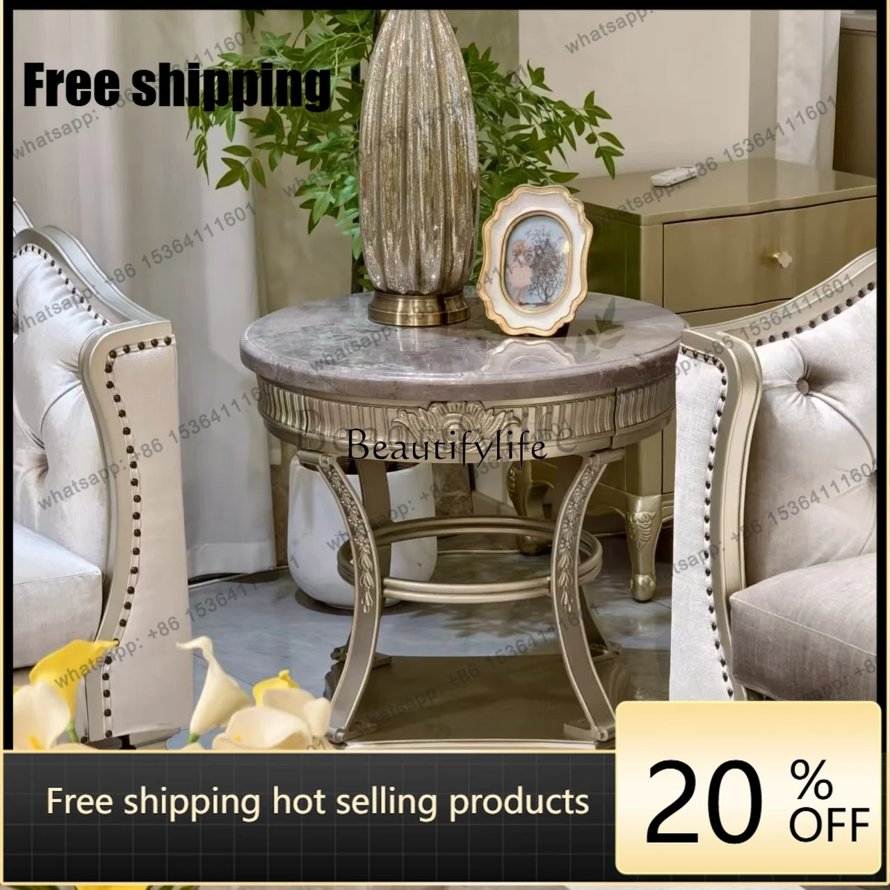 American style, few corners, living room, solid wood sofa, side table, round marble surfaceFactory Direct