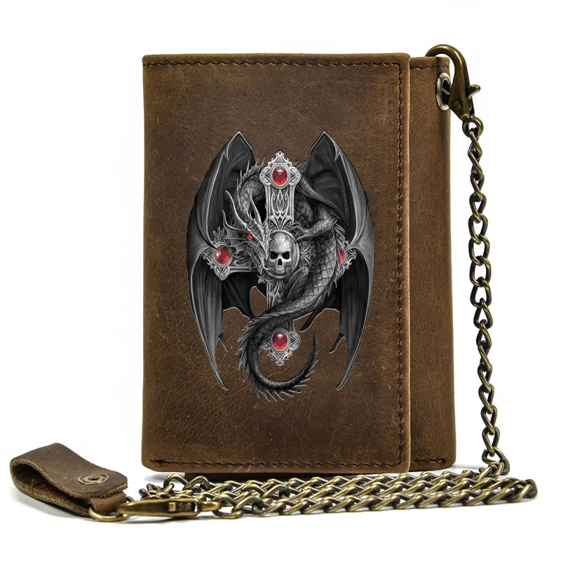 

Genuine Leather Men Wallet Anti Theft Hasp With Iron Chain Cross Dragon Skull Cover Podcast Card Holder Rfid Short Purse