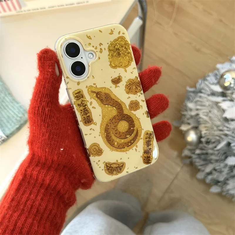 Lunar New Year Snake Chinese style lucky charm glitter Phone case For iPhone 16 15 14 13 Pro Max Case Cute Luxury Cartoon Cover