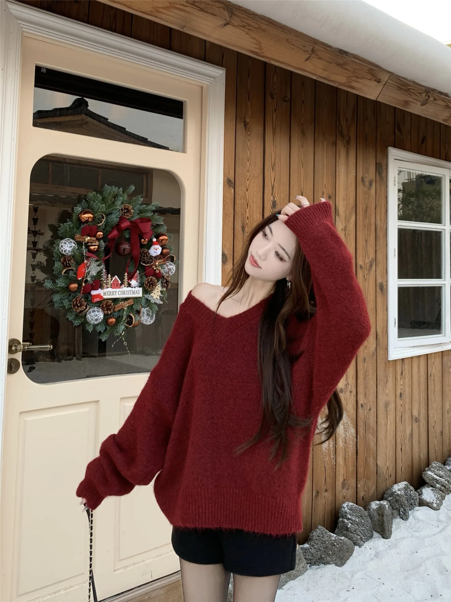 Maglione lungo Sve retrò rosso V-Ne da donna invernale morbido e accogliente lavorato a maglia casual versatile pigro abbinato tutto top comodo pullover