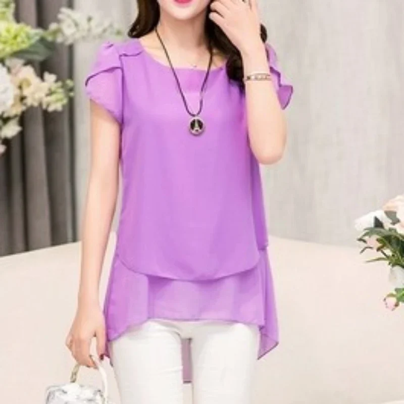Damen Kurzarm Chiffon Bluse Schößchen Sommer Tops Damen Lange Büro Shirts Rüschen Bluse Femme 4XL 5XL
