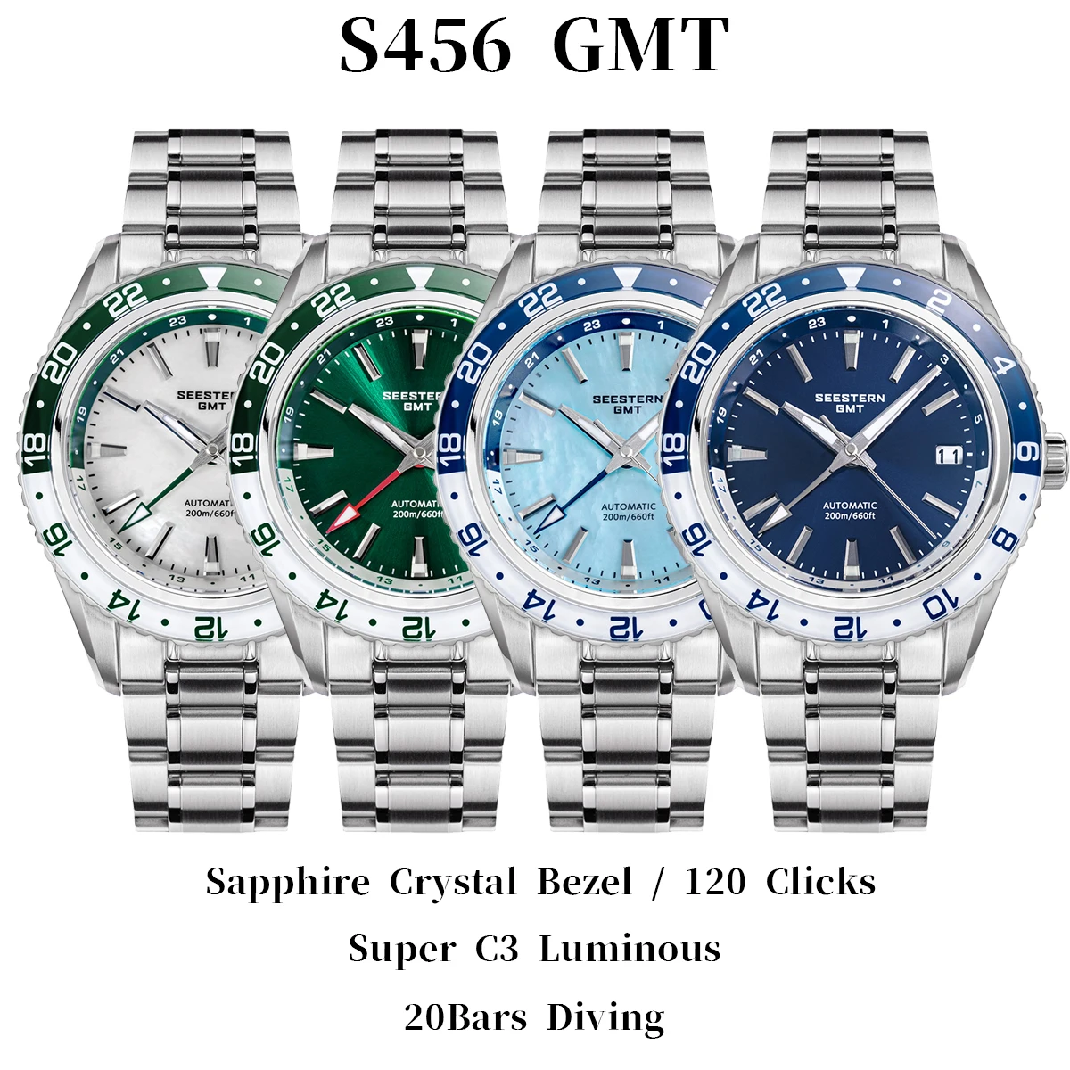 New GMT Automatic Mechanical Men Waterproof WristWatches Diving Japan NH34 Movement Sapphire Crystal Luminous Glass Bezel S456