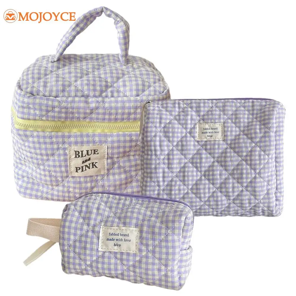 3pcs Ladies Quilted Cosmetic Bag Blueberry Color Cotton Organizer Women Large Checkered Storage Bags Travel Fashion Makeup Pouch