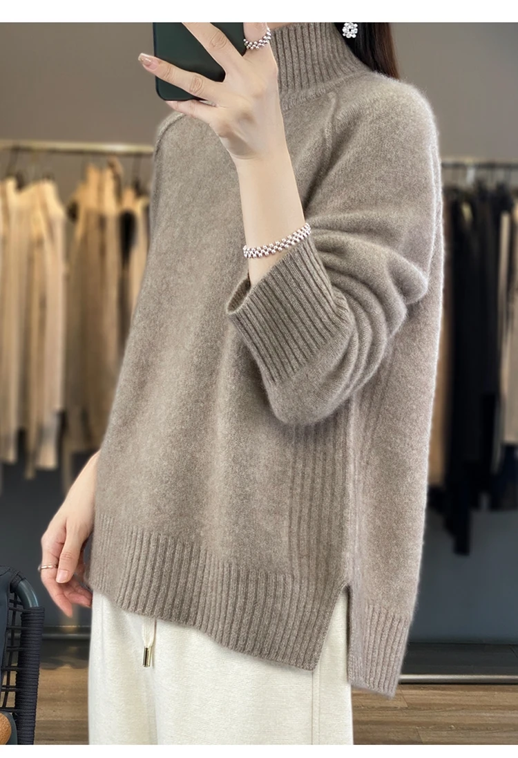 

High-Necked Cashmere Sweater for Women, Autumn and Winter, 100% Cashmere, Slit, Lazy Raglan Sweater, Thickened with Soft Waxy Wo