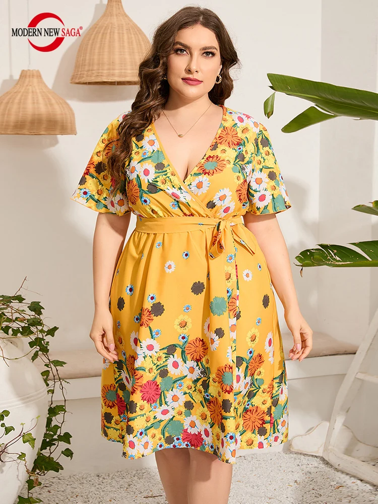 

2023 New Women Dress Short Sleeve Summer Woman Beach Dresses Floral Yellow Plus Size Dress V-neck Party Birthday Dress For Women