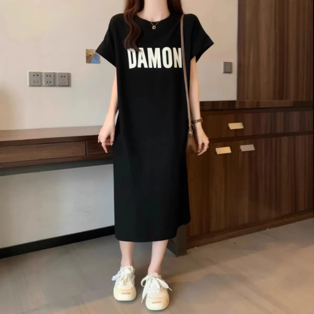 Summer Short Sleeve T-Shirt Dress Women's Korean Loose Long Dress over Knee Casual plus Size A-Line Skirt round Neck Polyester