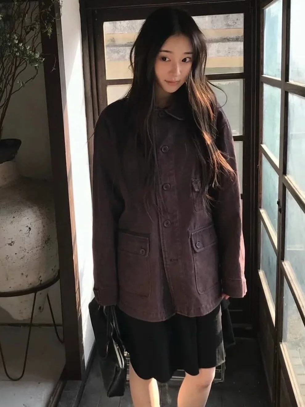 Retro Korean Style Workwear Jacket Coat Denim Outerwear Women's Autumn Winter Fashion Lazy Top Trendy Button Closure