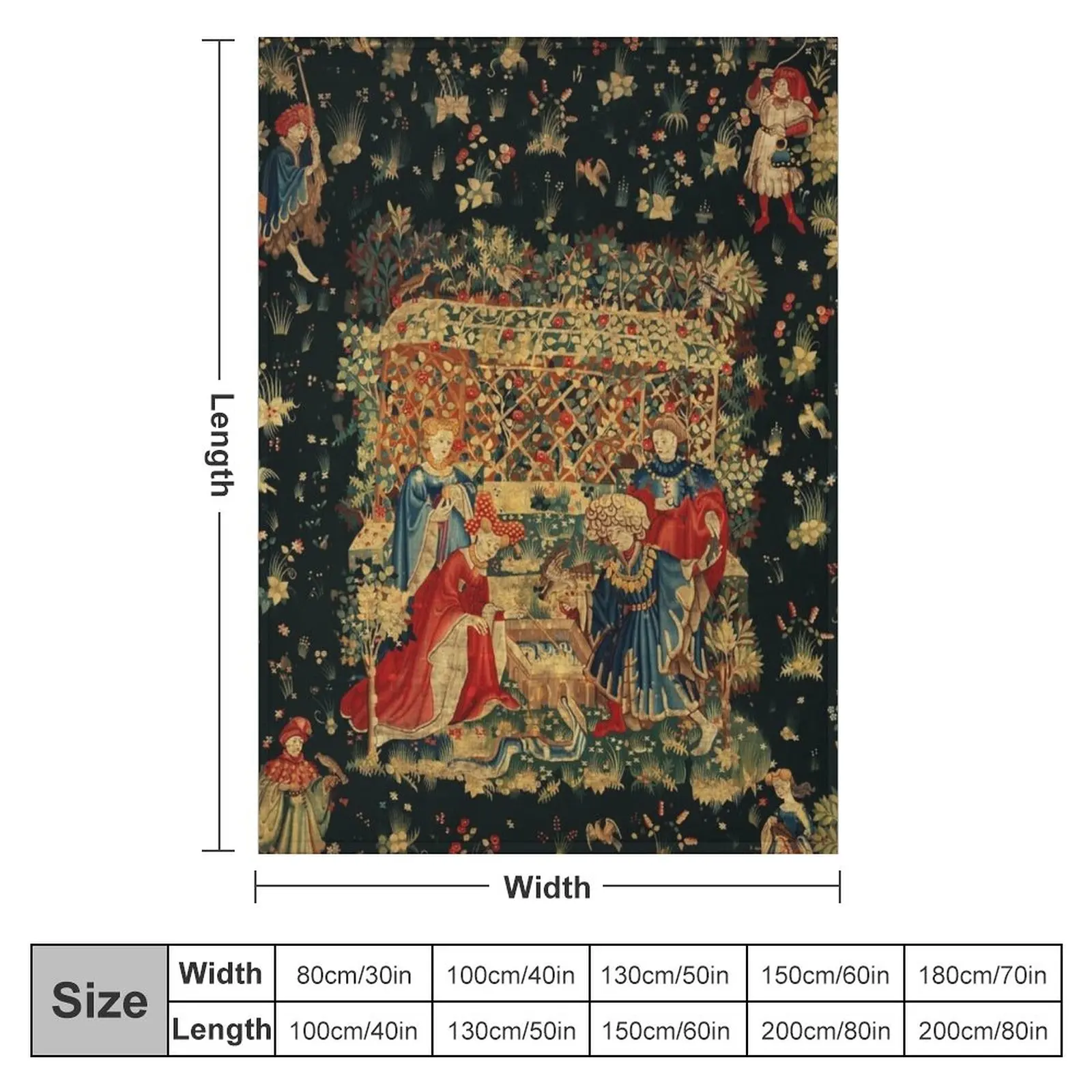 FALCONS BATH Red Blue Antique Medieval Tapestry,Court Figures,Birds, Flowers ,Rose Trellis Throw Blanket Loose Blanket