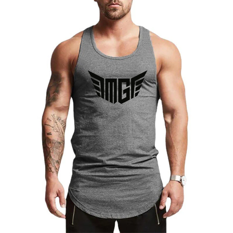 Printed Bodybuilding Fitness Summer Cotton Gym Sports Running Singlets Mens Breathable Workout Tank Top