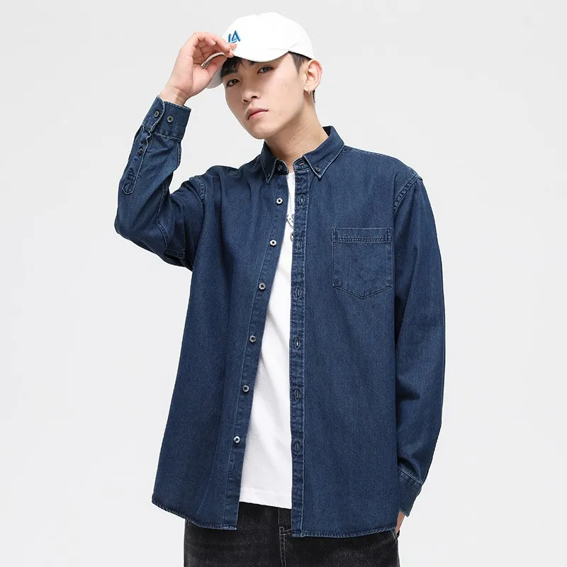 

100% Cotton Japanese Men's Denim Shirt, Slim Fit Long Sleeve Jeans Shirts, All-Season Minimalist Top For Men
