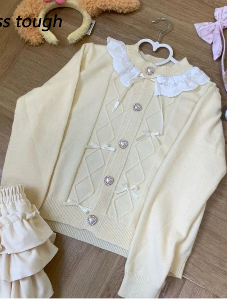 

Японский кавайный кардиган с бантом, новый кружевной вязаный свободный женский топ, свитер JK, блузки Лолиты, корейская мода, теплые пальто в консервативном стиле